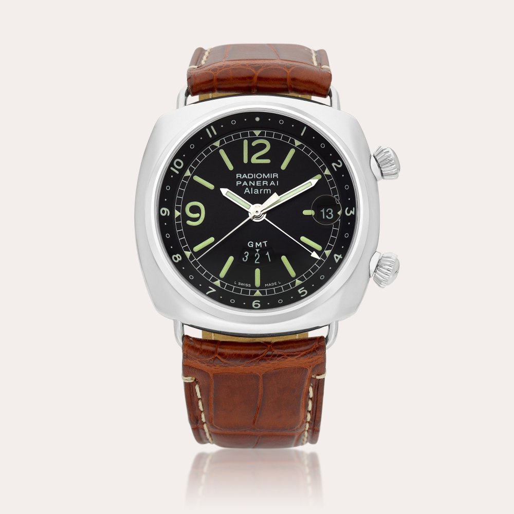 Panerai Radiomir, Reference PAM00098 | A stainless steel dual time zone wristwatch with date and alarm, Circa 2002 | 沛納海 | Radiomir, Reference PAM00098 | 精鋼兩地時間腕錶，備日期顯示及鬧鈴裝置，約2002年製