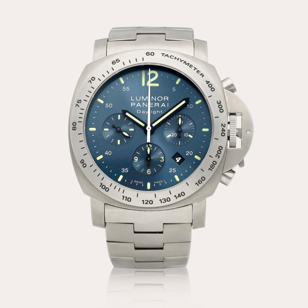 Panerai Luminor Chrono Daylight, Reference PAM 327 | A titanium chronograph wristwatch with date and bracelet, Circa 2009 | 沛納海 | Luminor Chrono Daylight 型號 PAM 327 | 鈦金屬計時鏈帶腕錶，備日期顯示，約