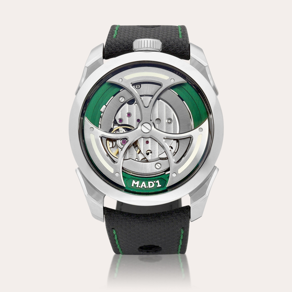M.A.D.Editions M.A.D.1 Green | A brand new stainless steel semi-skeletonised wristwatch with lateral time display and triple-blade winding rotor, Made in collaboration with MB&F, Circa 2024 | 全新精鋼半鏤空腕錶，備橫向