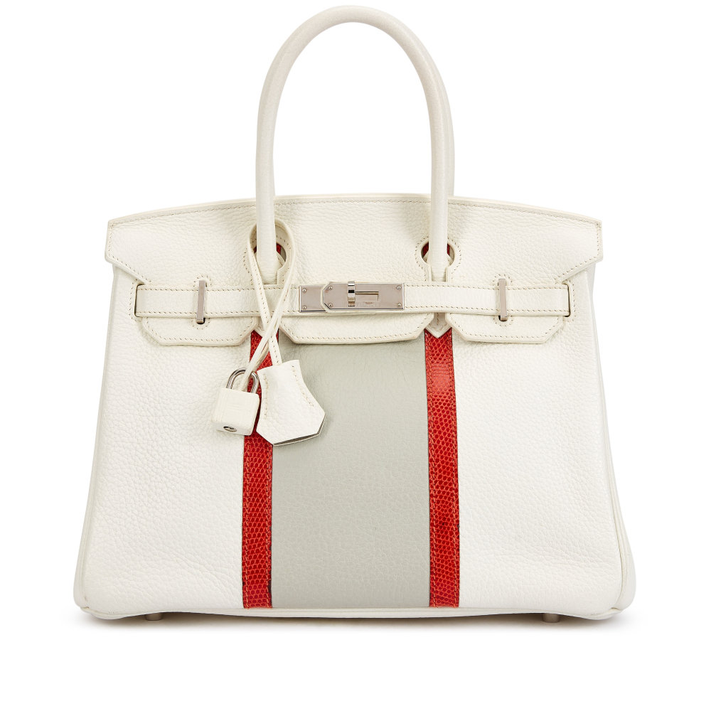 Hermès Limited Edition Gris Perle, White Clemence and Sanguine Lizard Club Birkin 30 Palladium Hardware, 2011