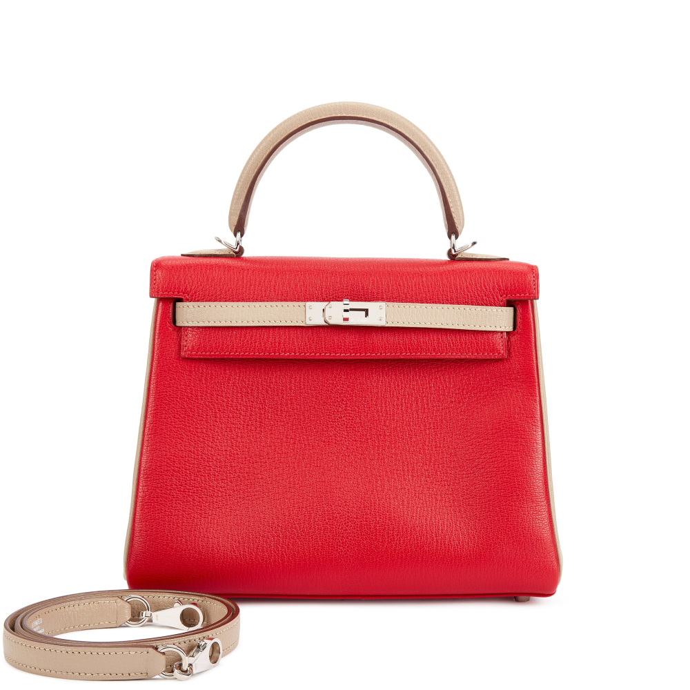 Hermès Rouge Piment and Gris Tourterelle Chèvre HSS Kelly 25 Retourné Palladium Hardware, 2012