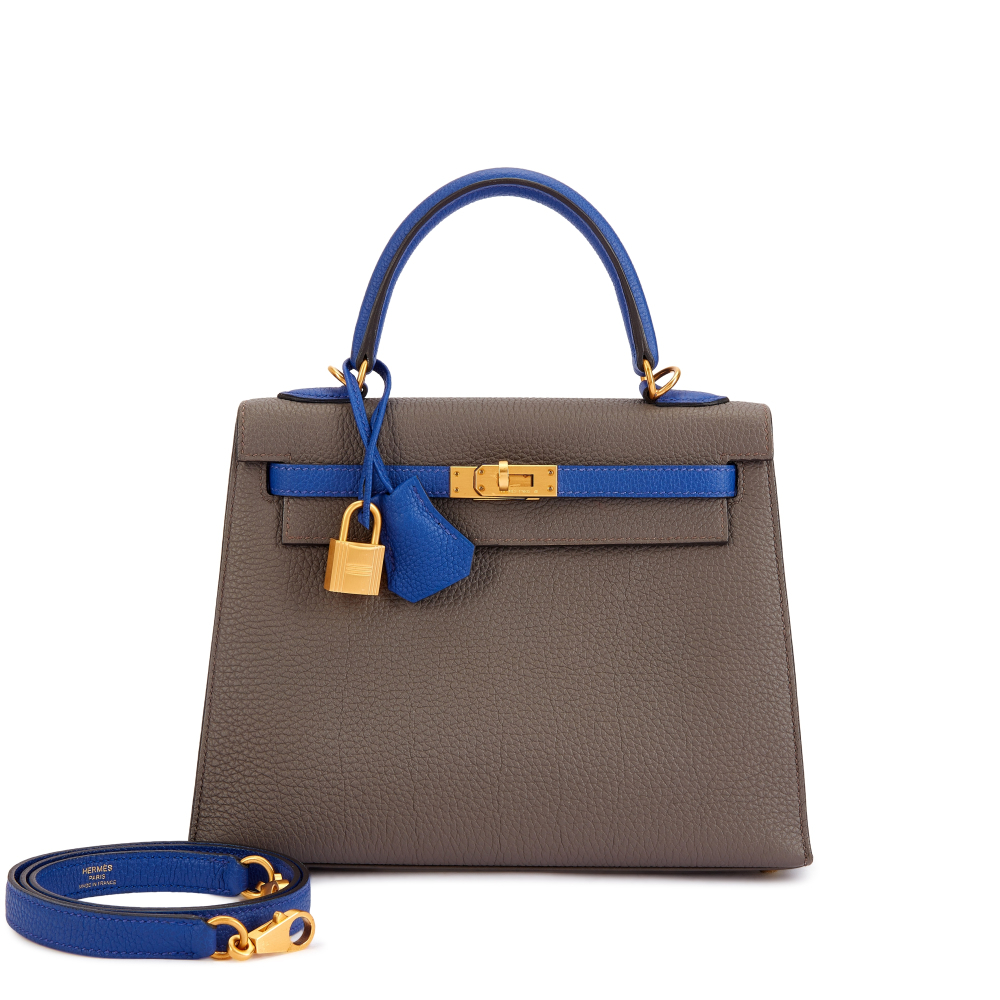 Hermès Gris Meyer and Bleu Electrique Togo HSS Kelly 25 Sellier Brushed Gold Hardware, 2023
