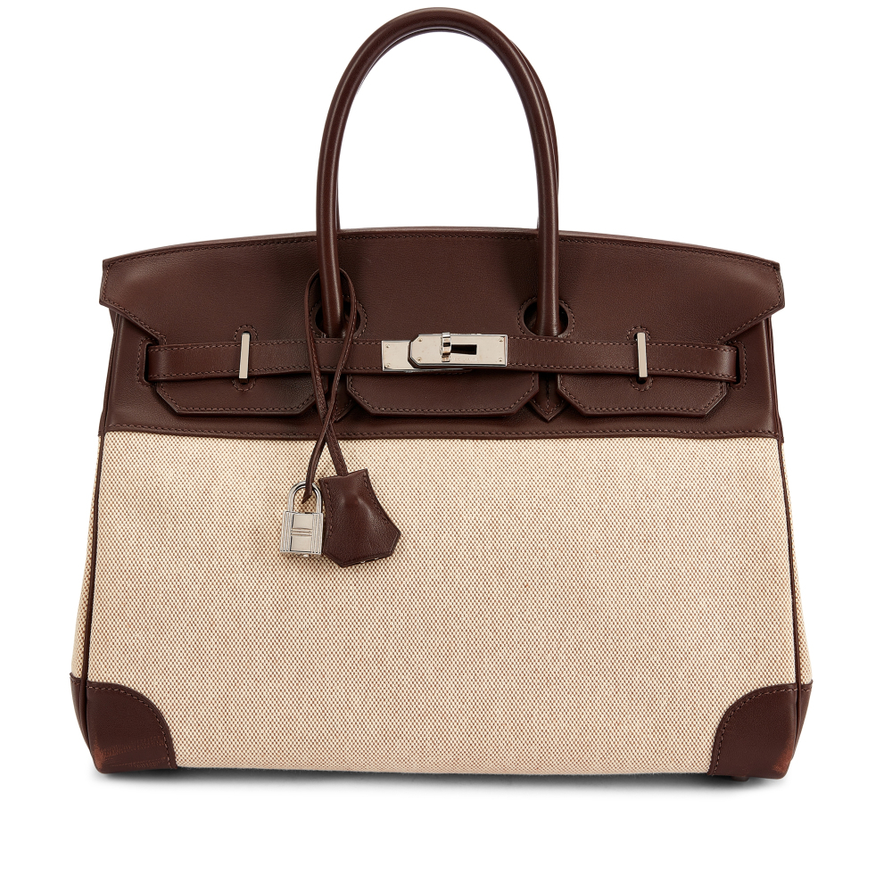 Hermès Limited Edition Ebene Evercalf and Ecru Toile Birkin 35 Palladium Hardware, 2007