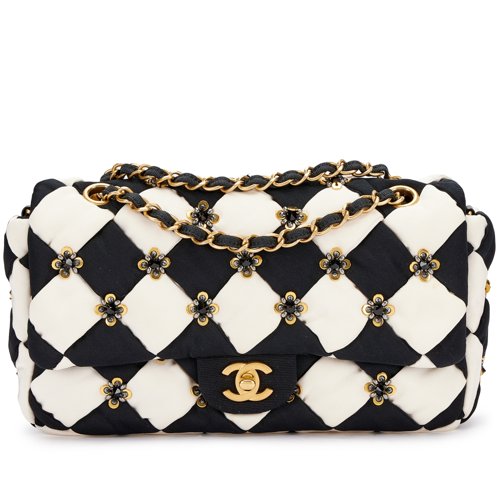 PROPERTY OF A LADY Chanel Black and White Quilted Fabric and Sequin Flap Bag Brushed Gold Hardware