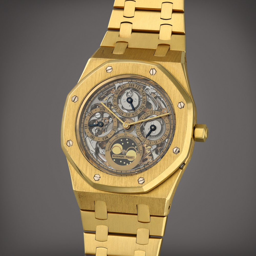 Audemars Piguet Royal Oak Perpetual Calendar, Ref. 25636BA | A yellow gold skeletonised perpetual calendar wristwatch with moon phases and bracelet | Circa 1990