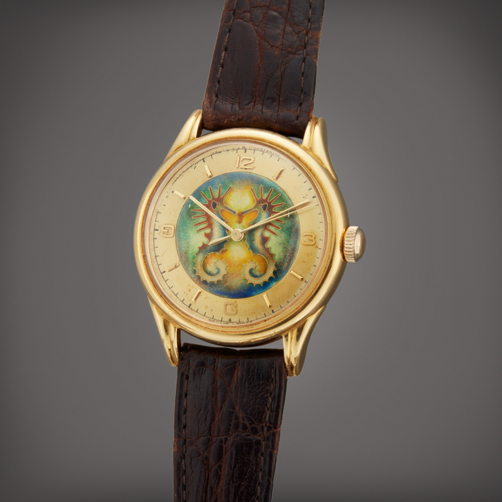 A rare yellow gold wristwatch with cloisonn enamel dial Circa 1950