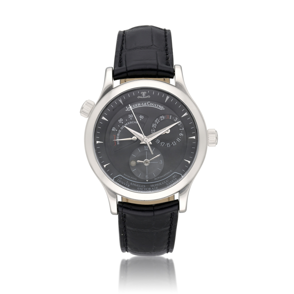 Reference 142.8.92.S Master Control Geographic | A stainless steel automatic world time wristwatch with date, day/night indicator, and power reserve indication, Circa 2000