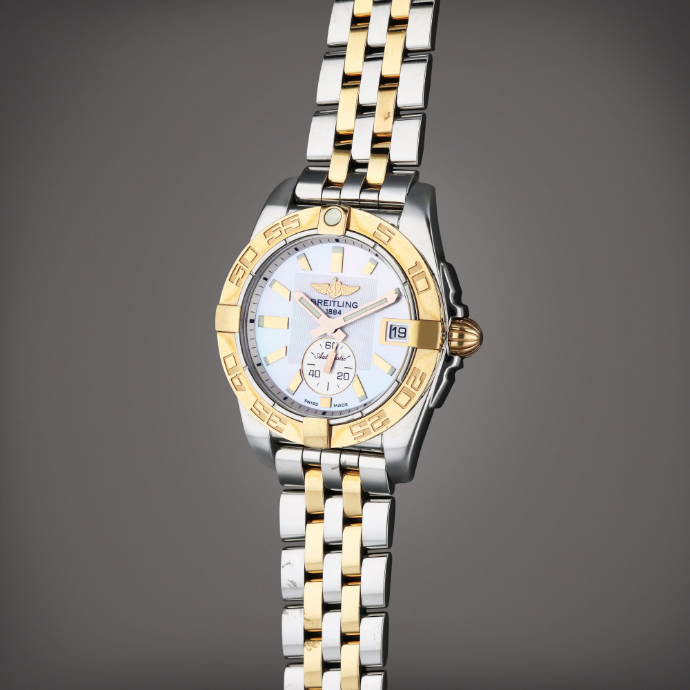 Reference C37330 Galactic | A yellow gold and stainless steel automatic wristwatch with date, bracelet, and mother of pearl dial, Circa 2015