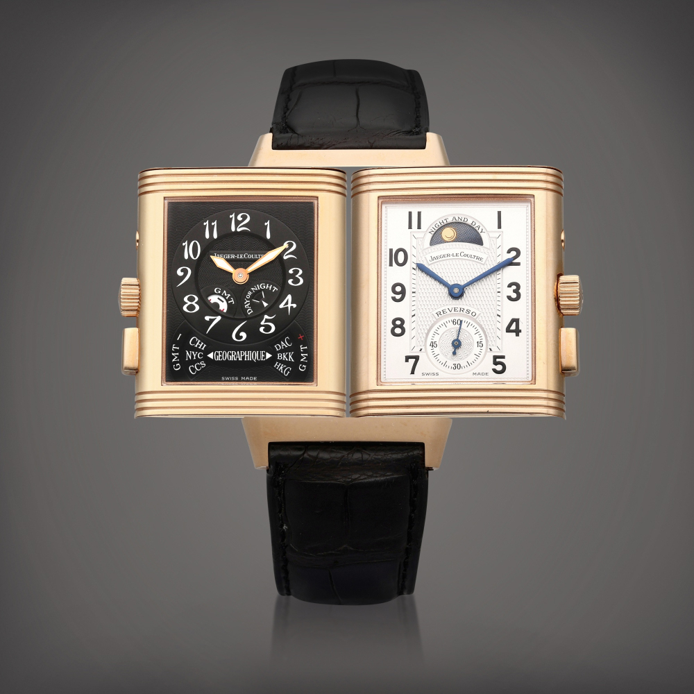 Reference 270240582B Reverso Geographique | A limited edition pink gold reversible world time wristwatch with moon phases and Day/Night indication, Circa 2000