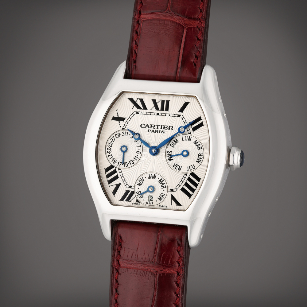 Reference 2540 Tortue Collection Privée Cartier Paris | A white gold automatic tonneau shaped perpetual calendar wristwatch with leap year indication, Circa 2005