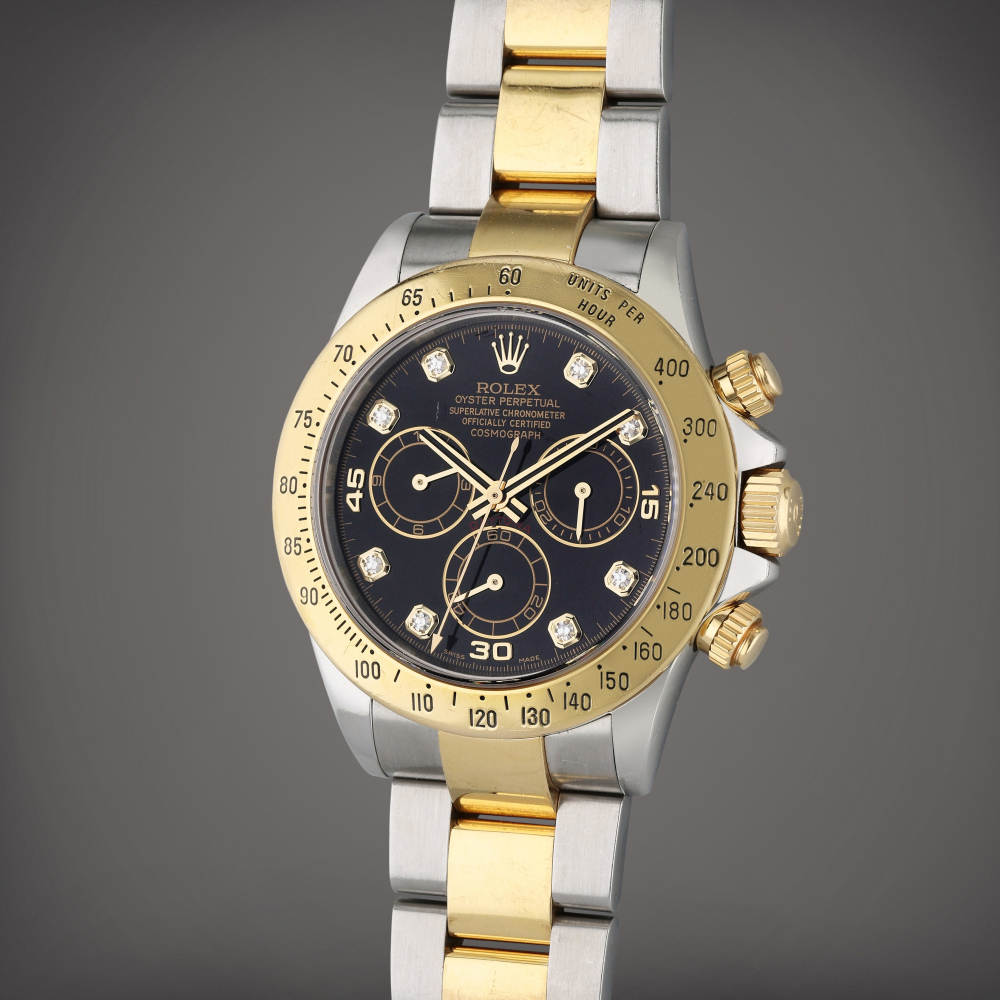 Reference 116523 Daytona | A stainless steel, yellow gold, and diamond-set automatic chronograph wristwatch with bracelet, Circa 2006