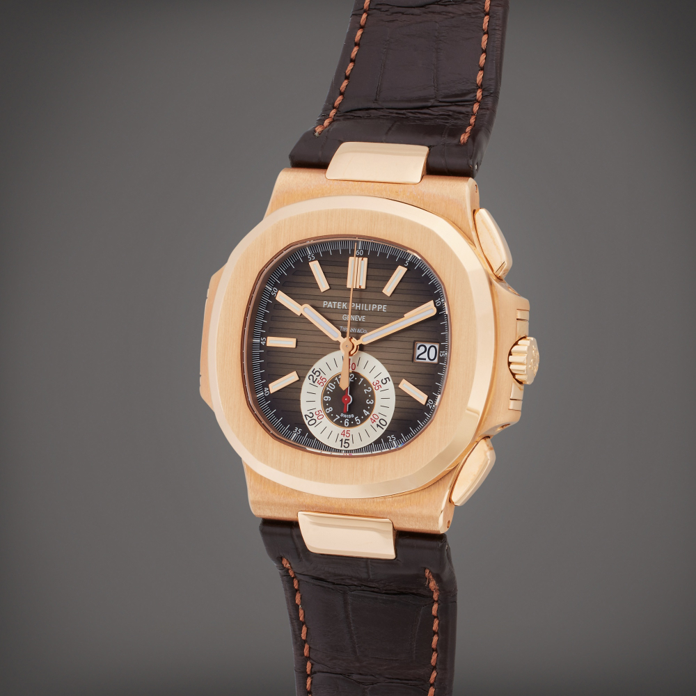 Reference 5980R-001 Nautilus | Retailed by Tiffany & Co.: A pink gold automatic flyback chronograph wristwatch with date, Circa 2017