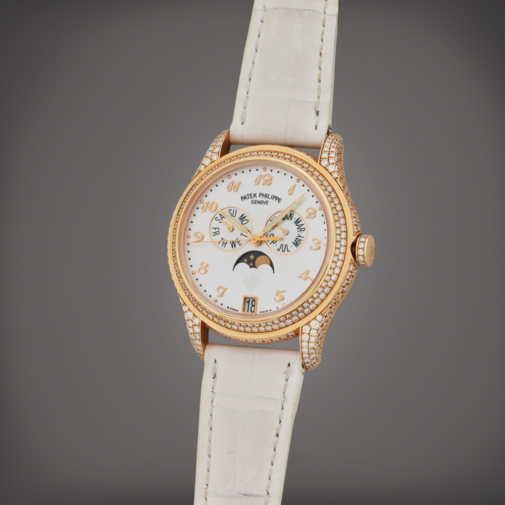 Reference 4937 | A pink gold and diamond-set annual calendar wristwatch with moon phases and mother-of-pearl dial, Circa 2010
