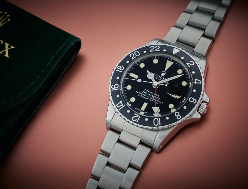 Reference 1675 GMT-Master | Retailed by Tiffany & Co.: A stainless steel automatic dual time wristwatch with date and bracelet, Circa 1977