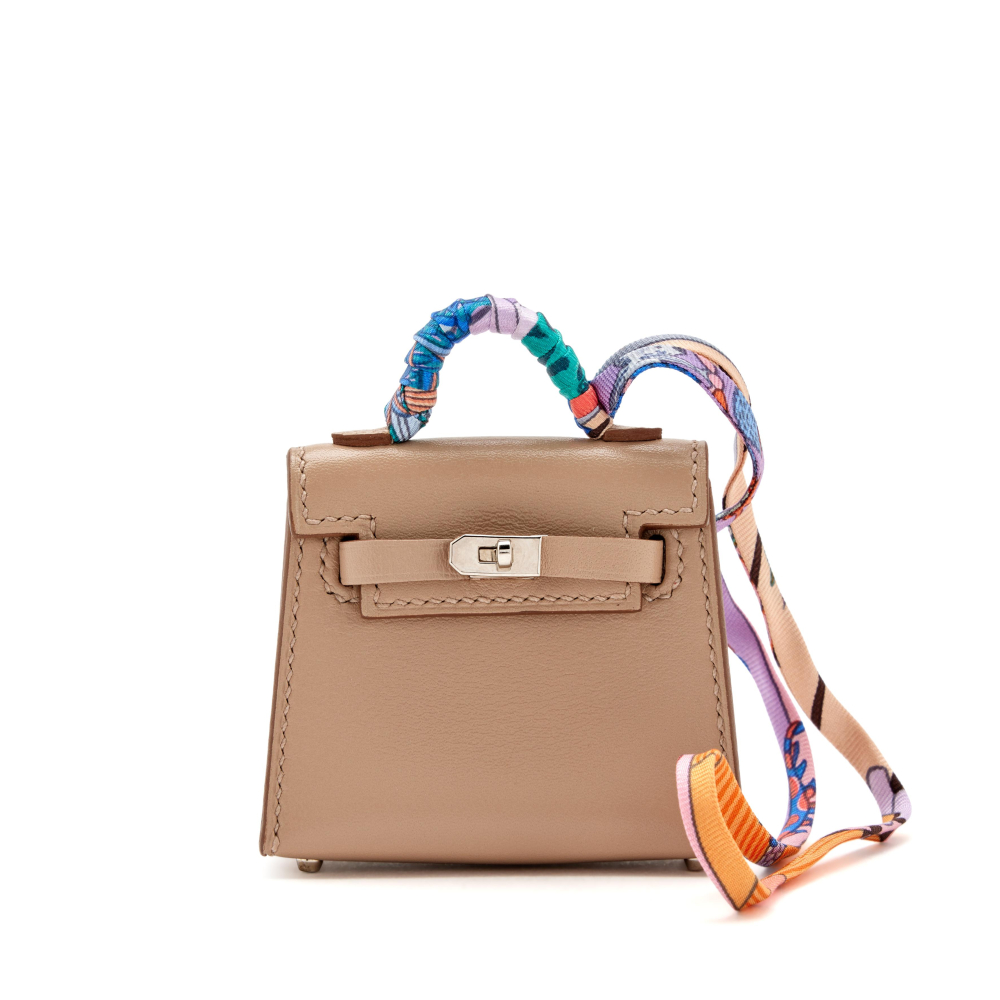 Hermès Argile Tadelakt Micro Twilly Kelly Bag Charm Palladium Hardware, 2021