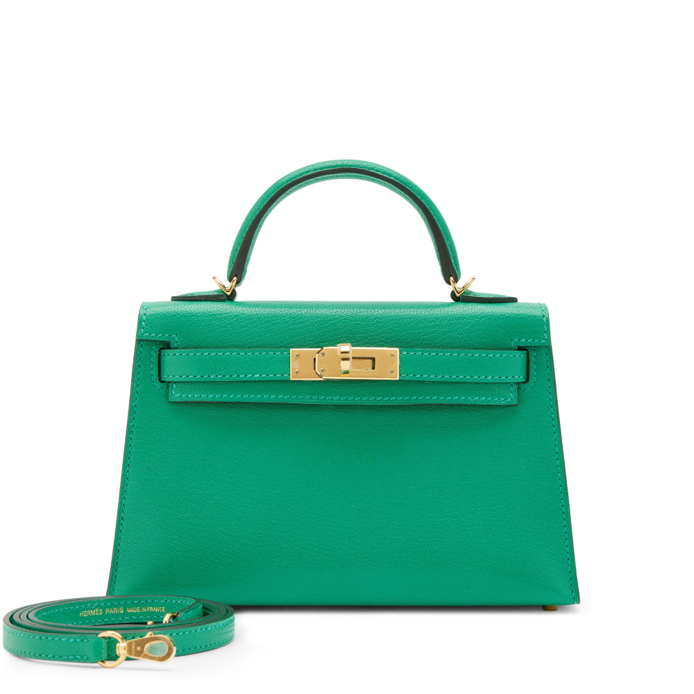 Hermès Menthe Chèvre Mysore Mini Kelly II 20 Sellier Gold Hardware, 2024