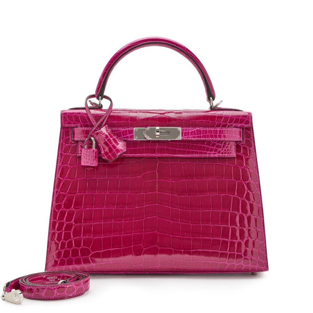 Hermès Rose Pourpre Shiny Niloticus Crocodile Sellier Kelly 28 Palladium Hardware, 2021