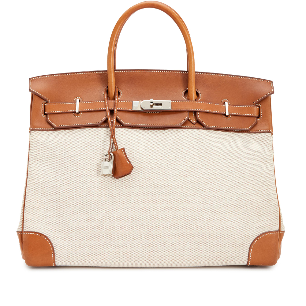 Hermès Fauve Barenia and Ecru Toile Birkin 40 of Palladium Hardware, 2005