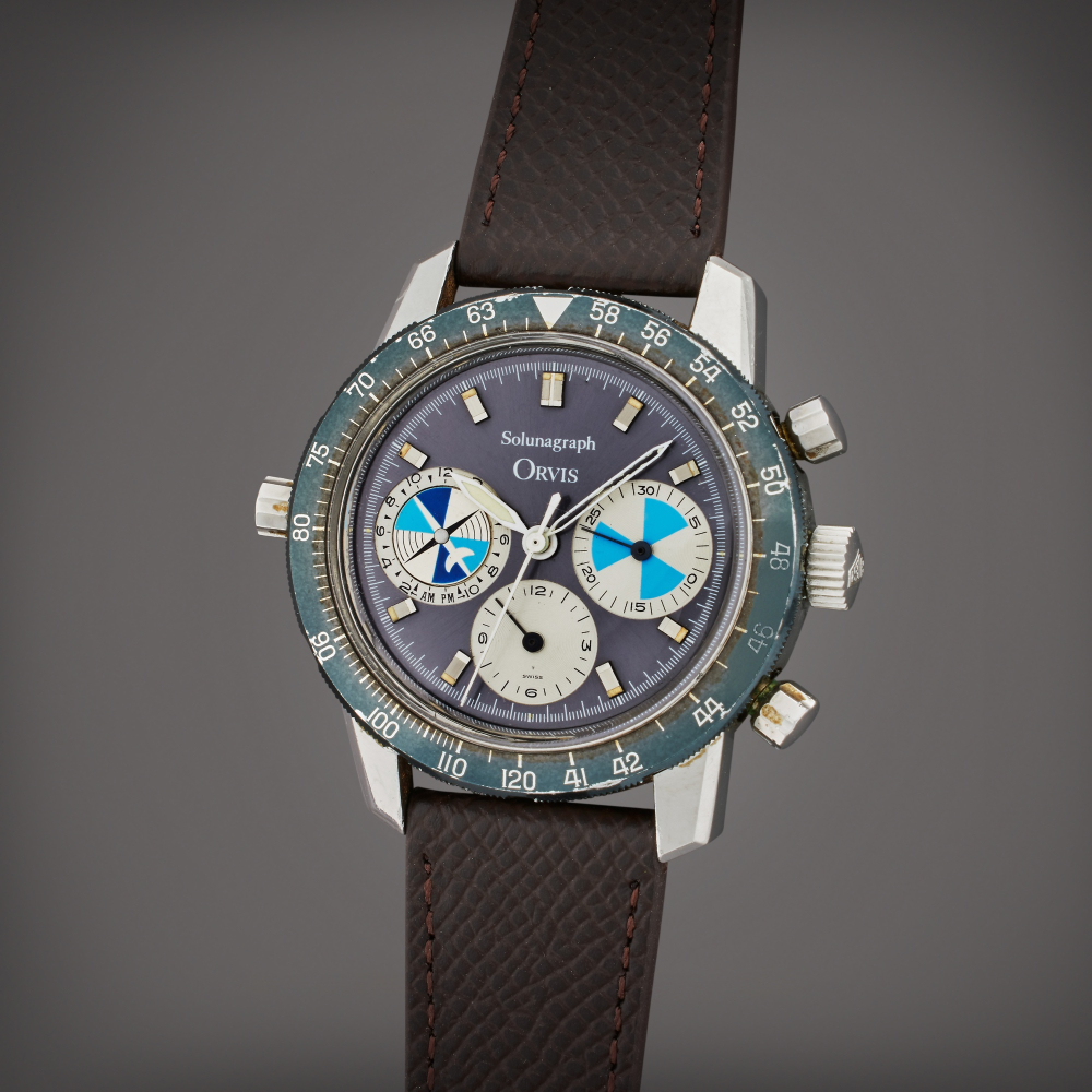 Heuer Reference 2446 SF Solunagraph | Retailed by Orvis: A stainless steel chronograph wristwatch with Day/Night indication, Circa 1970