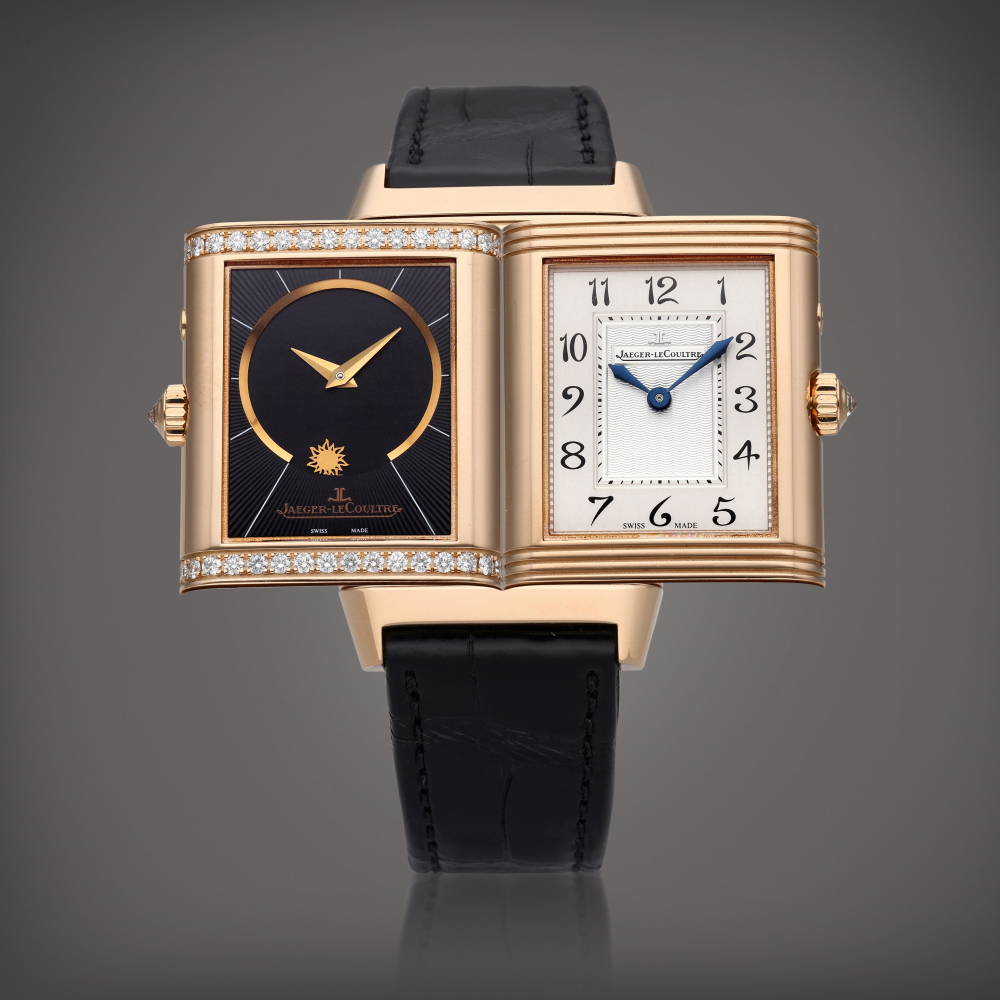 Jaeger-LeCoultre Reference 269.2.54 Reverso Duetto Duo | A pink gold and diamond-set rectangular dual time wristwatch with Day/Night indication, Circa 2010