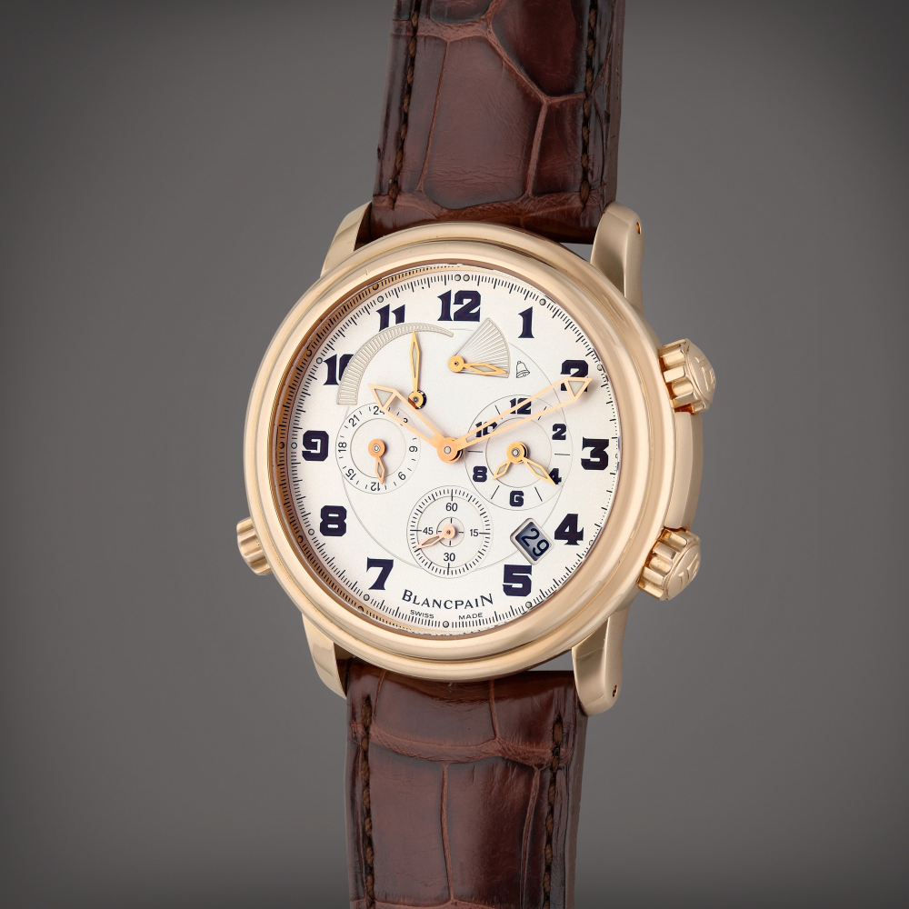 Blancpain Reference 2041 3642M 53BDA Leman Reveil GMT Alarm | A pink gold dual time automatic wristwatch with date, alarm, 24 hour indication, and power reserve indication, Circa 2005