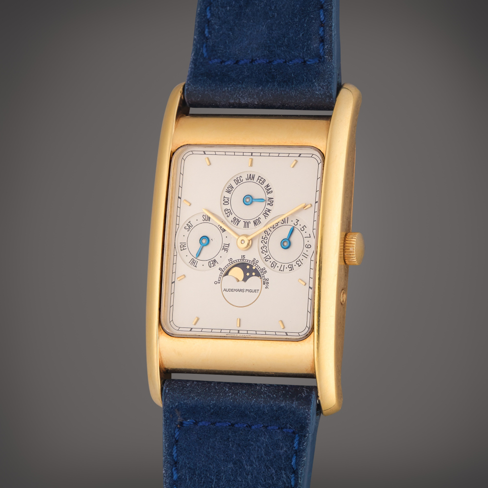 Audemars Piguet Reference BA 25682.002 Quantieme Perpetual | A yellow gold rectangular perpetual calendar wristwatch with moon phases, Circa 1997