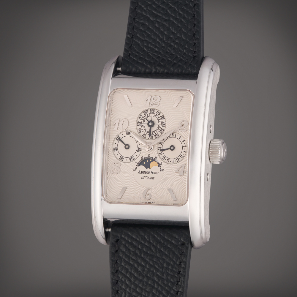 Audemars Piguet Reference 25911BC.00.D002CR.01 Edward Piguet Quantieme Perpetual | A white gold rectangular automatic perpetual calendar wristwatch with moon phases and leap year indication, Circa 2000