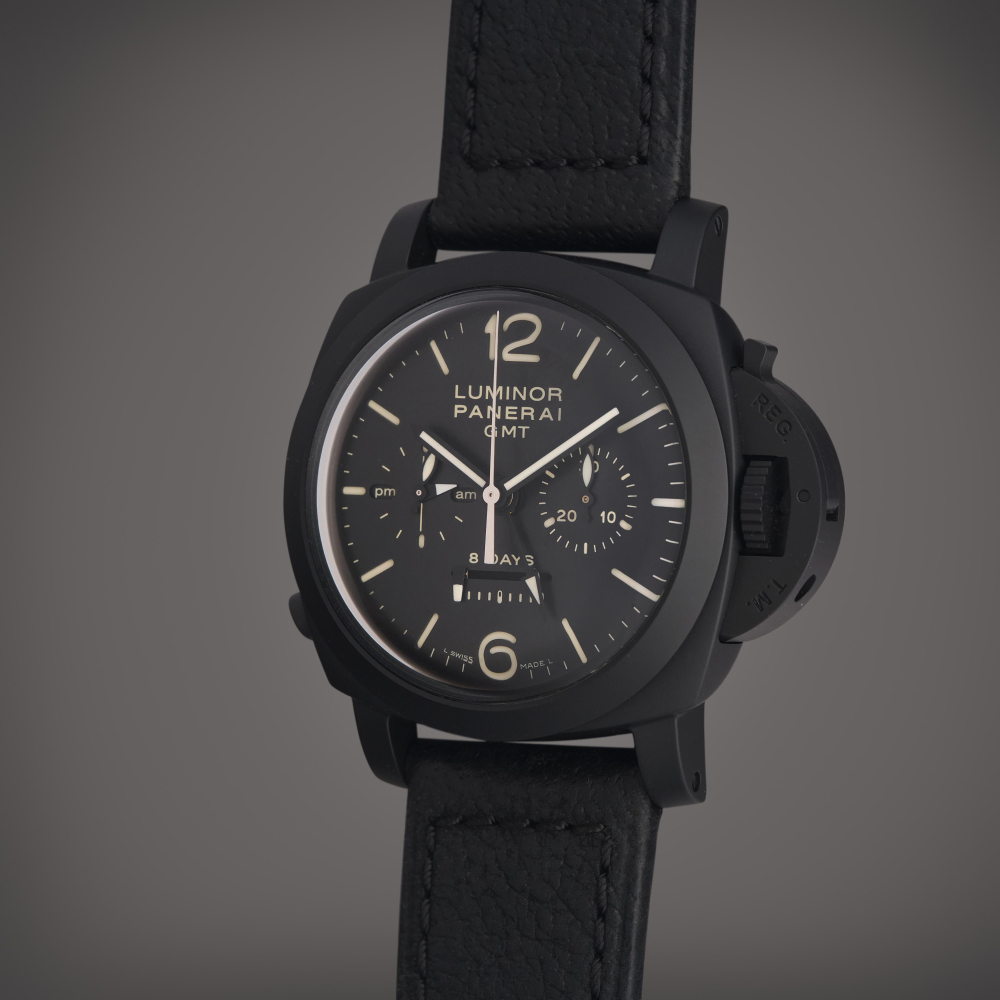 Panerai Reference PAM 00317 Luminor 1950 8 Days Monopulsante GMT | A limited edition ceramic dual time chronograph wristwatch with day/night and 8 day power reserve indication, Circa 2010