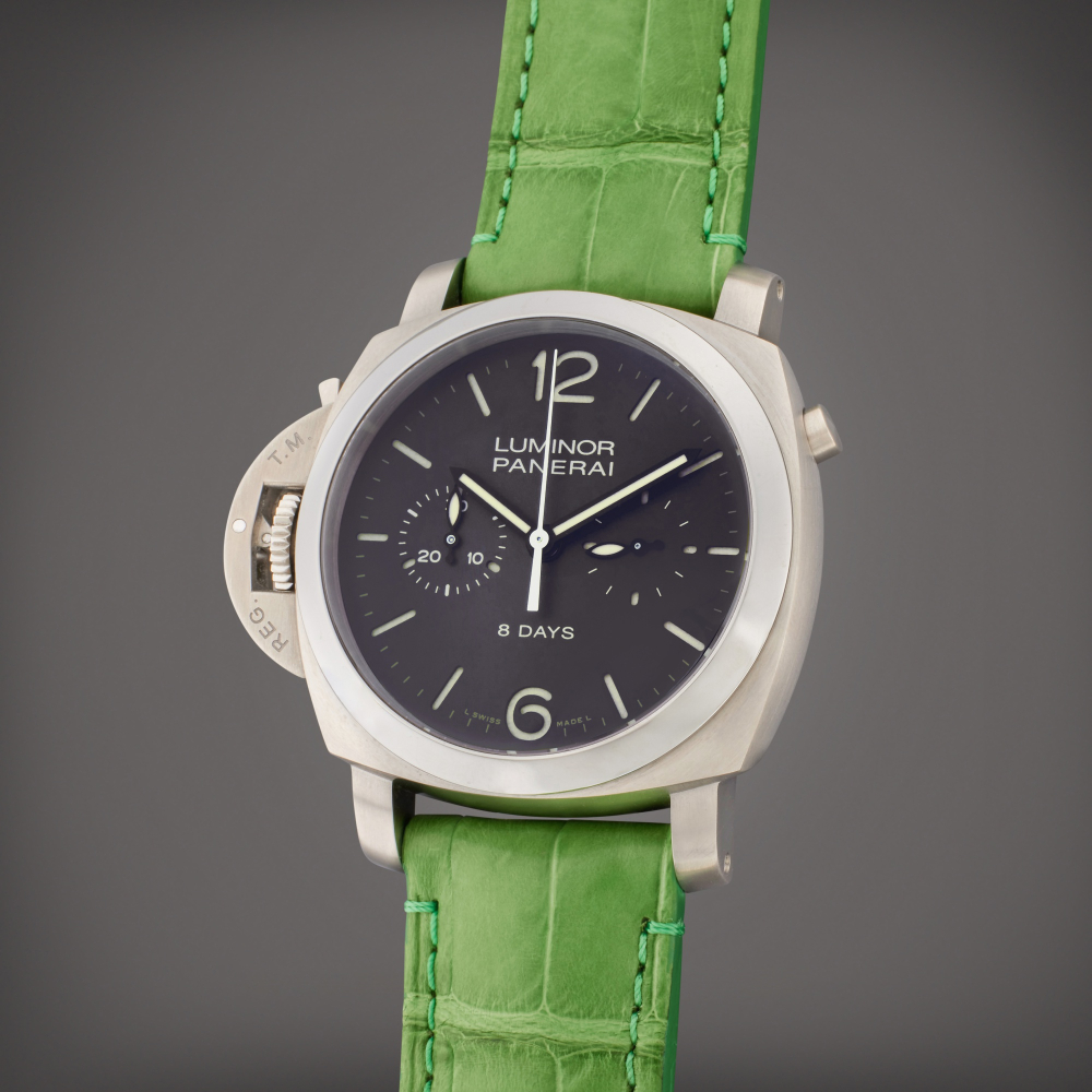 Panerai Reference PAM 00345 Luminor 1950 8 Days Monopulsante GMT | A limited edition titanium dual time chronograph wristwatch with day/night and 8 day power reserve indication, Circa 2011