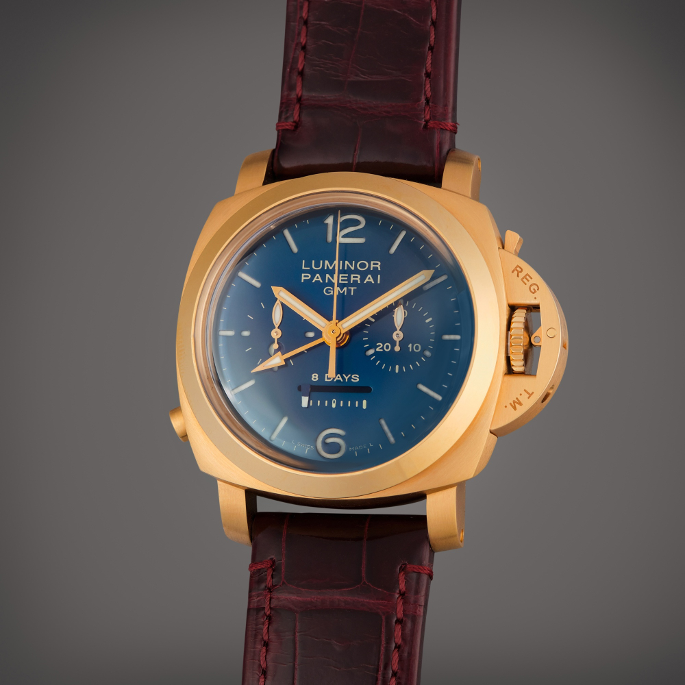 Panerai Reference PAM 00277 Luminor 1950 8 Days Monopulsante GMT | A limited edition pink gold dual time chronograph wristwatch with 8 day power reserve and day/night function, Circa 2010