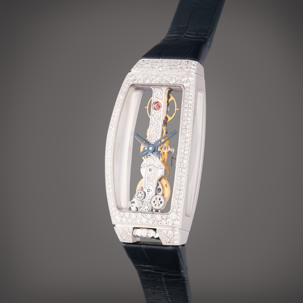 Corum Reference 113.249.69/0001 0000 Golden Bridge | A white gold and diamond-set skeletonized wristwatch, Circa 2020