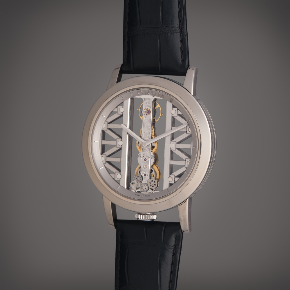 Corum Reference 05.0087 Golden Bridge Round | A white gold skeletonized wristwatch, Circa 2020
