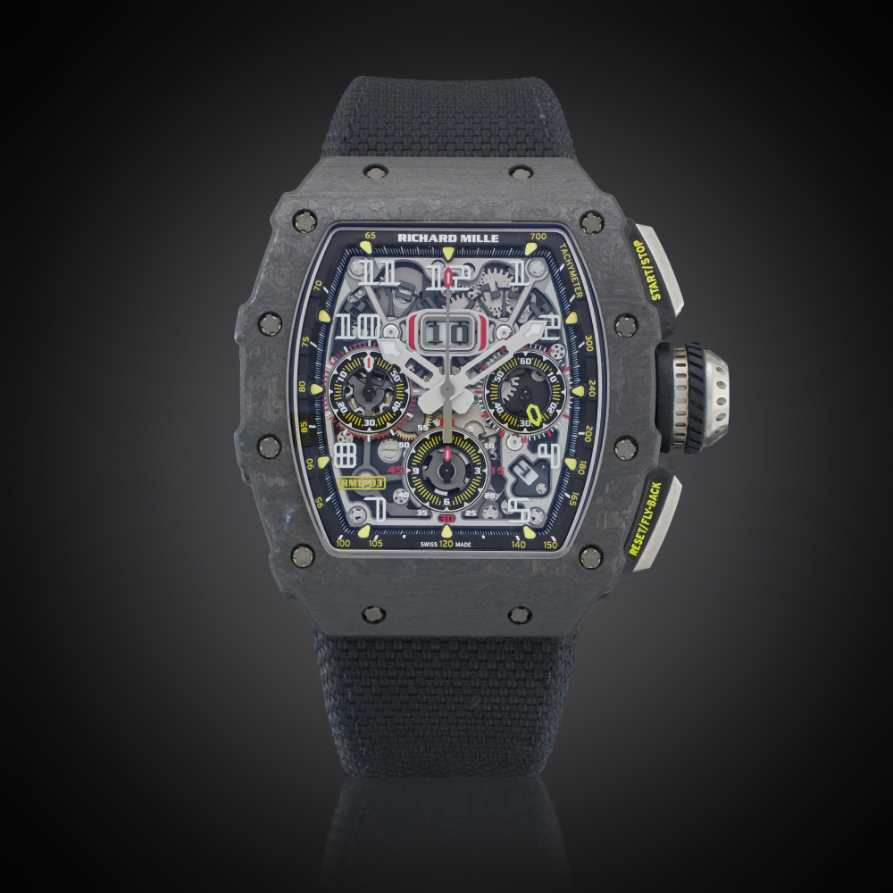 Richard Mille Reference RM11-03 CA | A carbon TPT and titanium skeletonized automatic flyback chronograph wristwatch with date and month indicator, Owned and Worn by Tom Brady, Circa 2020