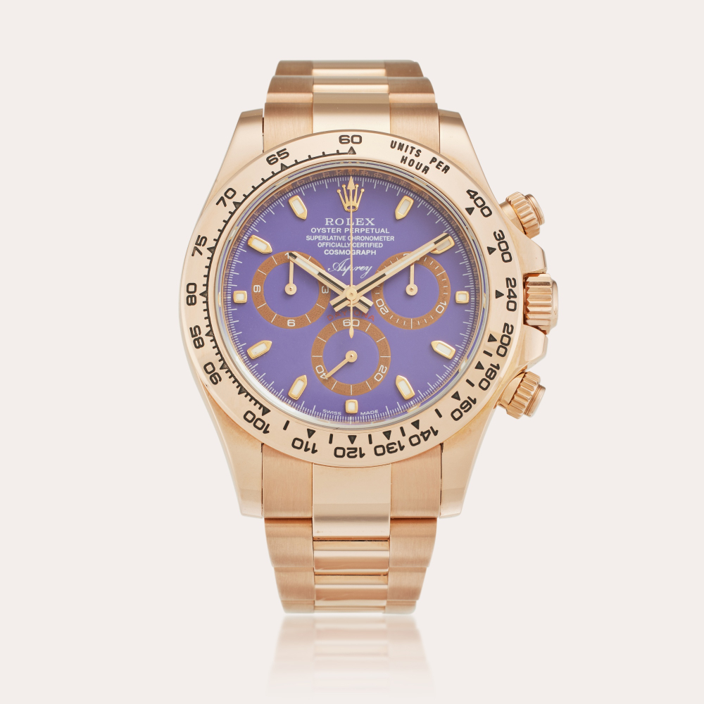 Asprey Reference 116505 Daytona | A pink gold automatic chronograph wristwatch with bracelet, Circa 2024