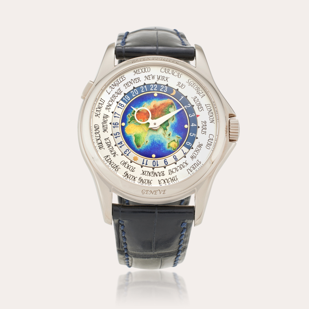 Patek Philippe Reference 5131G-001 | Retailed by Tiffany & Co.: A white gold world time wristwatch with cloisonné enamel dial, Circa 2011