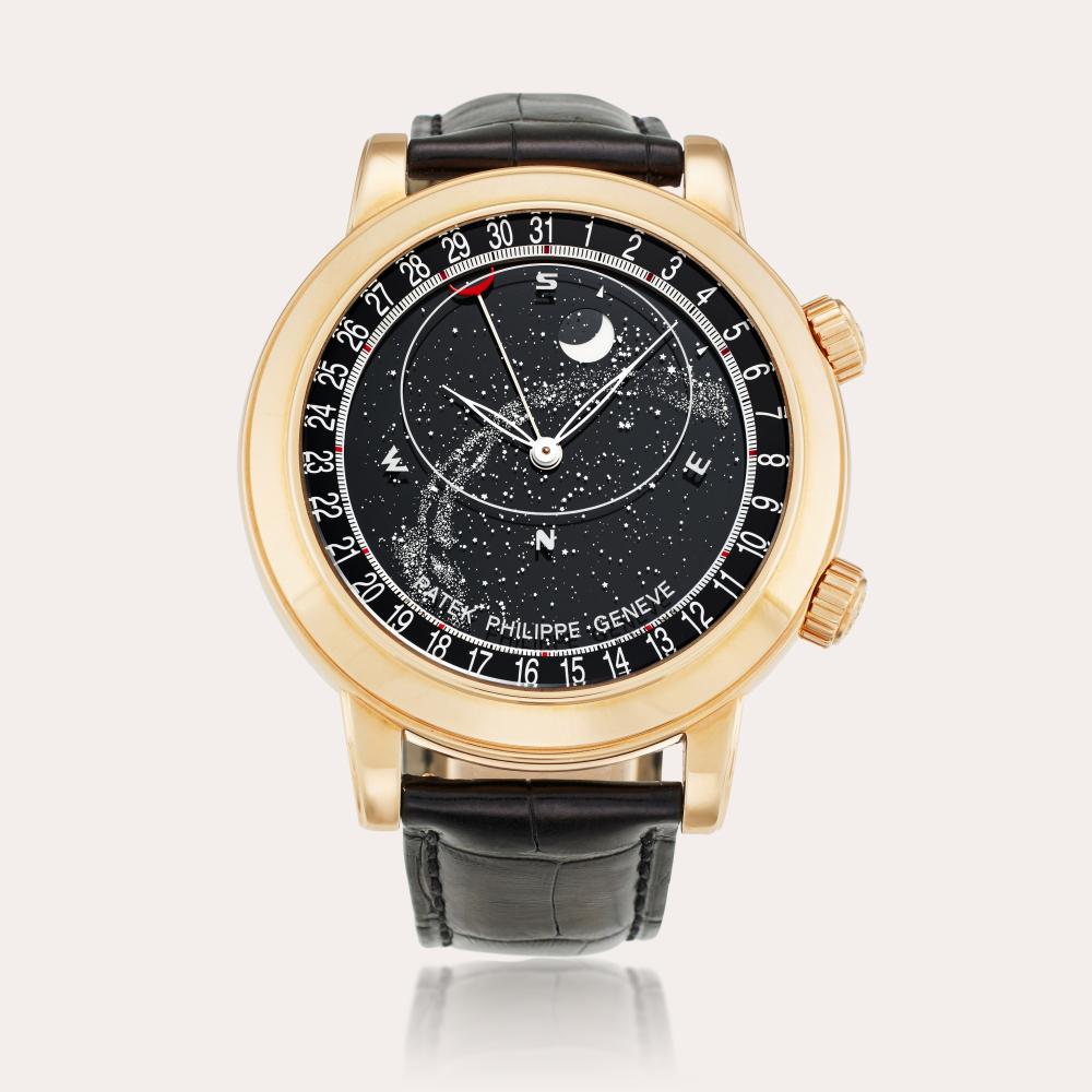 Patek Philippe Reference 6102R-001 Celestial | A pink gold astronomical wristwatch with date, sky chart, phases and position of the moon and time of meridian passage of sirius and the moon, Circa 2016