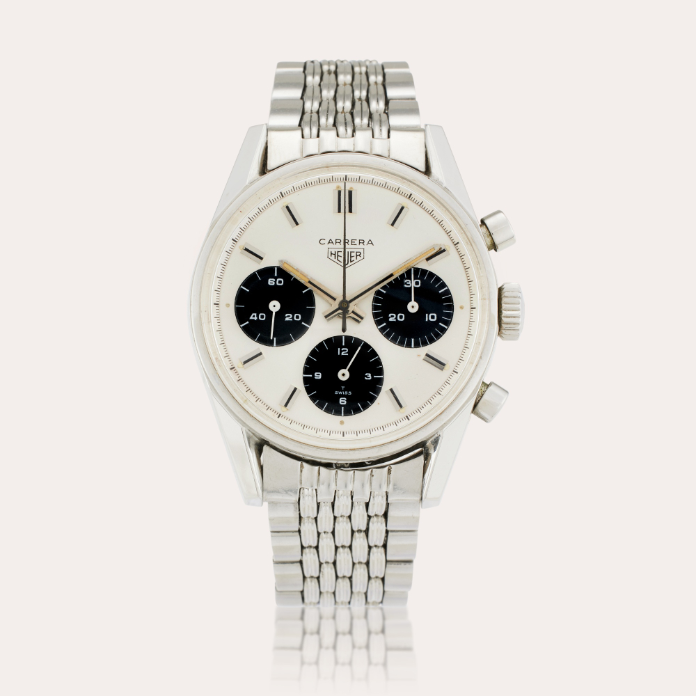 HEUER CHAMPIONS Heuer Reference 2447SN Carrera ‘Panda’ | A stainless steel chronograph wristwatch with bracelet, Circa 1970