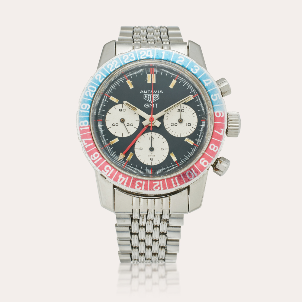 HEUER CHAMPIONS Heuer Reference 2446C Autavia GMT | A stainless steel dual time zone chronograph wristwatch with bracelet, Awarded to Racecar Driver Tony Adamowicz at the 9 Hours of Kyalami in South Africa, Circa 1971