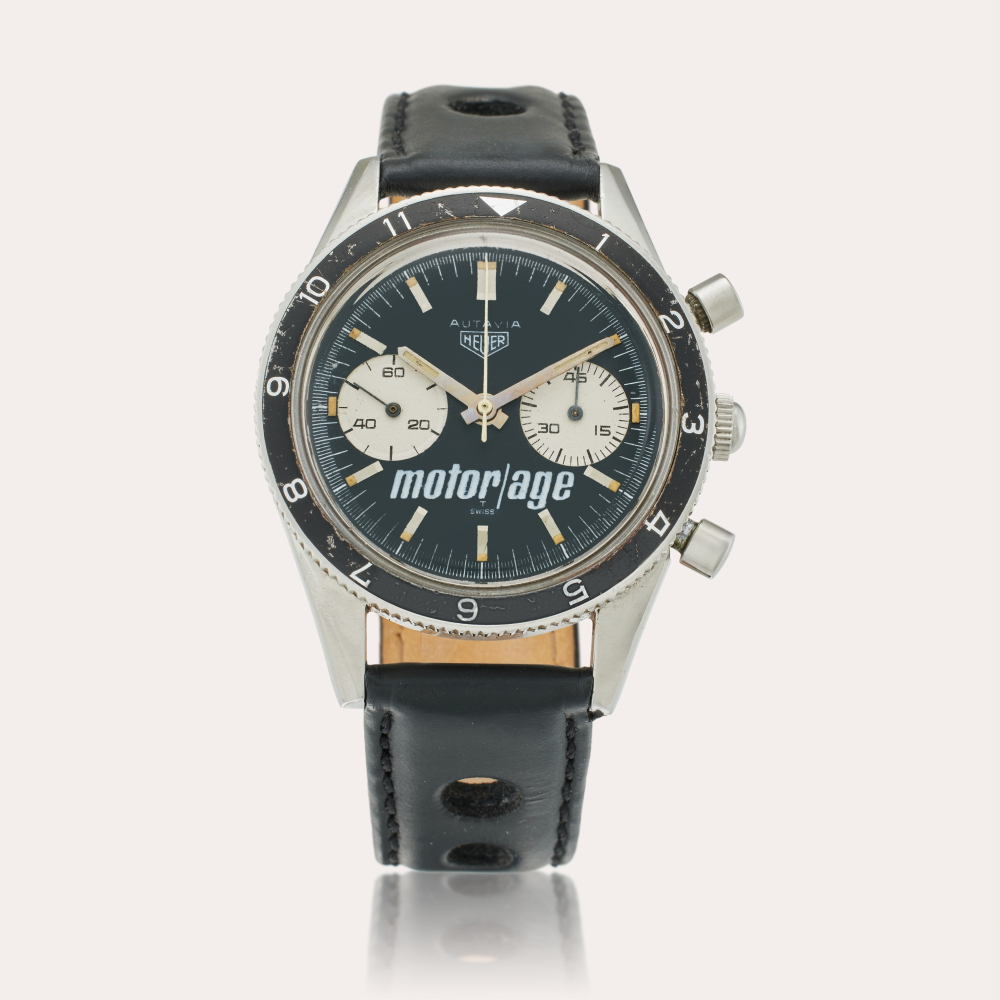 HEUER CHAMPIONS Heuer Reference 3646 Autavia 'MotorAge' | A stainless steel chronograph wristwatch, Awarded to Racecar Driver Tony Adamowicz for being the SCCA Driver of the Year, Circa 1968