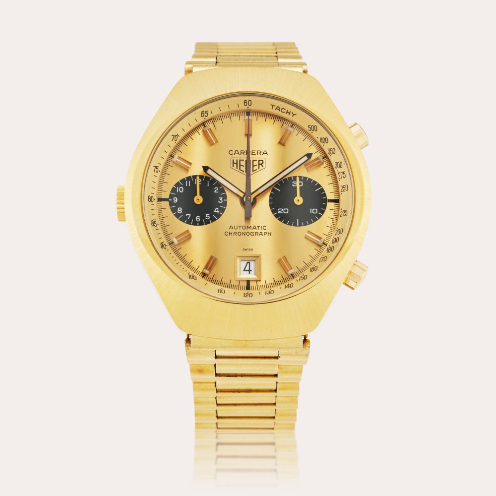 HEUER CHAMPIONS Heuer Reference 110.515 CHN Carrera | A gold-plated stainless steel automatic chronograph wristwatch with date and bracelet, Circa 1974