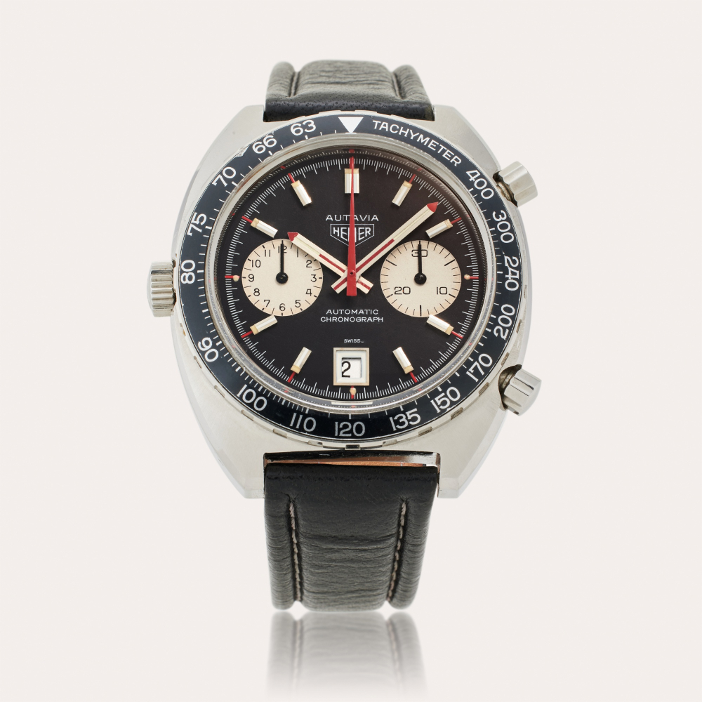 PROPERTY FROM THE COLLECTION OF JEFF STEIN Heuer Reference 1163 Autavia 'Vel’s Parnelli Jones Racing' | A stainless steel chronograph wristwatch with date, Circa 1971