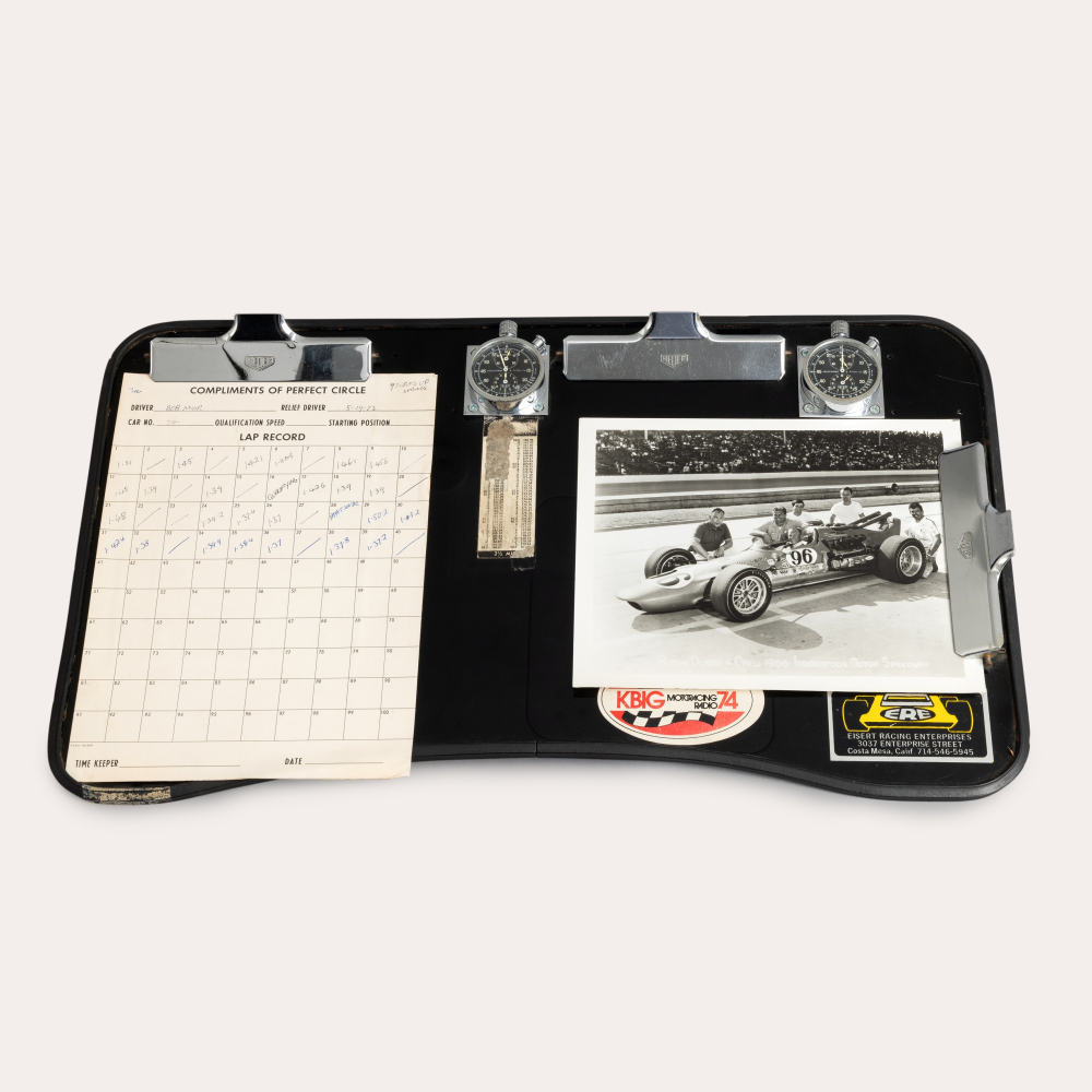 PROPERTY FROM THE COLLECTION OF JEFF STEIN Heuer Timing Board with Dual Mounted Autavia Dashboard Timers Retailed by Abercrombie & Fitch | Two stainless steel mounted dashboard timers with Racing provenance, 1970