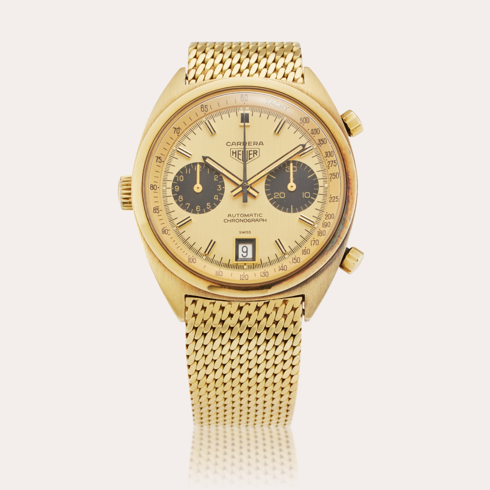 Heuer Reference 1158 CHN Carrera | A yellow gold automatic chronograph wristwatch with date and bracelet, Circa 1970