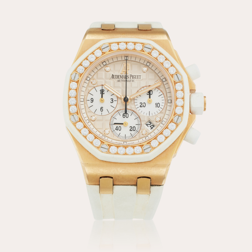 Audemars Piguet Reference 26048OK.ZZ.D010CA.01 Royal Oak Offshore | A pink gold and diamond-set chronograph wristwatch with mother of pearl subdials, Circa 2014