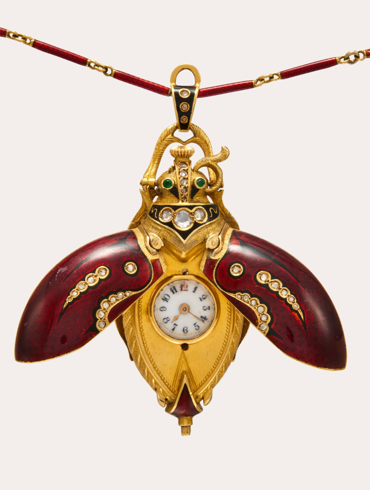 PROPERTY FROM AN ERUDITE COLLECTOR Swiss A gold, enamel and diamond-set keyless pendant watch in the form of a beetle, Circa 1900