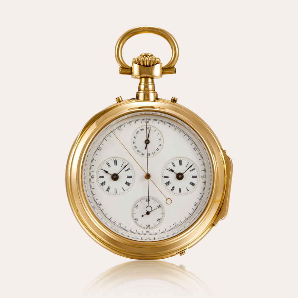 PROPERTY FROM AN ERUDITE COLLECTOR An extremely rare and unusual 18ct pink gold two-train open-faced watch with independent centre seconds and additional central chronograph jumping seconds hand with subsidiary dial for progressive minute/hour register, A