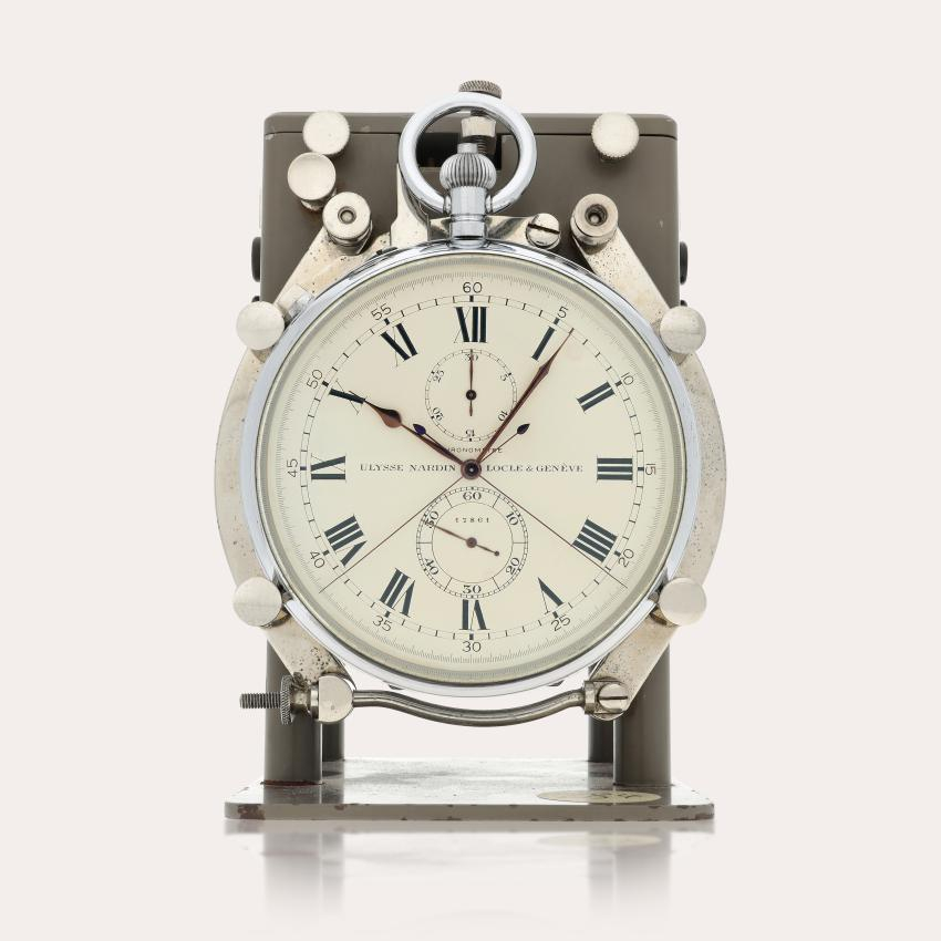 PROPERTY FROM AN ERUDITE COLLECTOR Ulysse Nardin and Favag S.A An oversized chromed split seconds chronograph deck watch with register and electrical circuit breaker module, Circa 1940