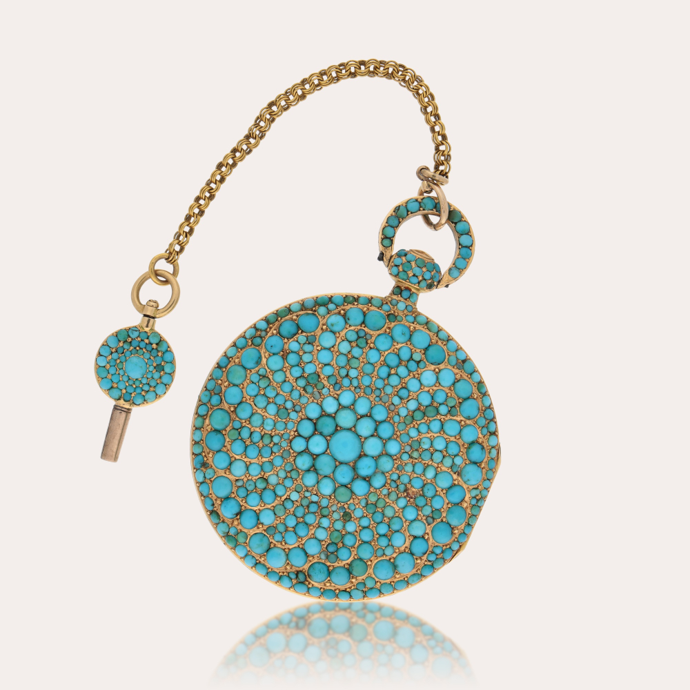 PROPERTY FROM AN ERUDITE COLLECTOR A gold and turquoise-set cylinder watch with short chain and matching turquoise-set key, Attributed to Bautte & Moynier, Circa 1830