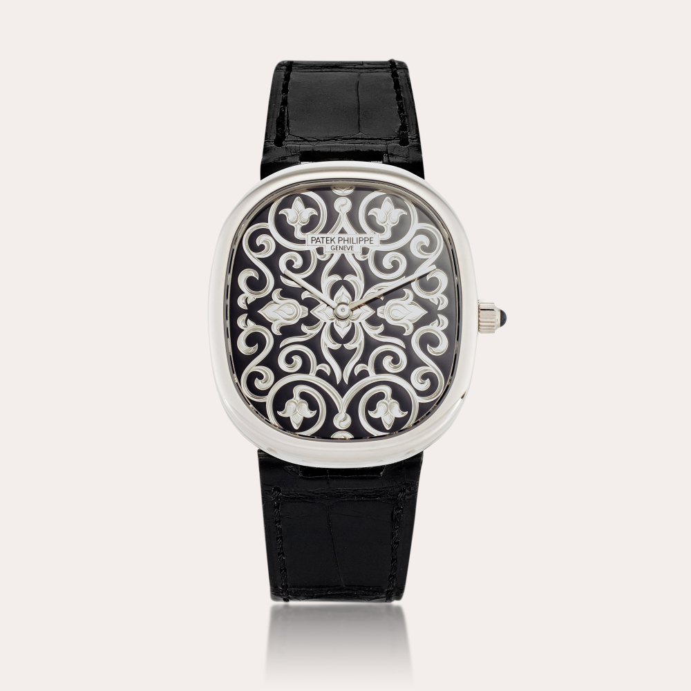 Patek Philippe Reference 5738/51G-001 Ellipse 'Rare Handcrafts' | A white gold wristwatch with hand-engraved black enamel dial, Circa 2022