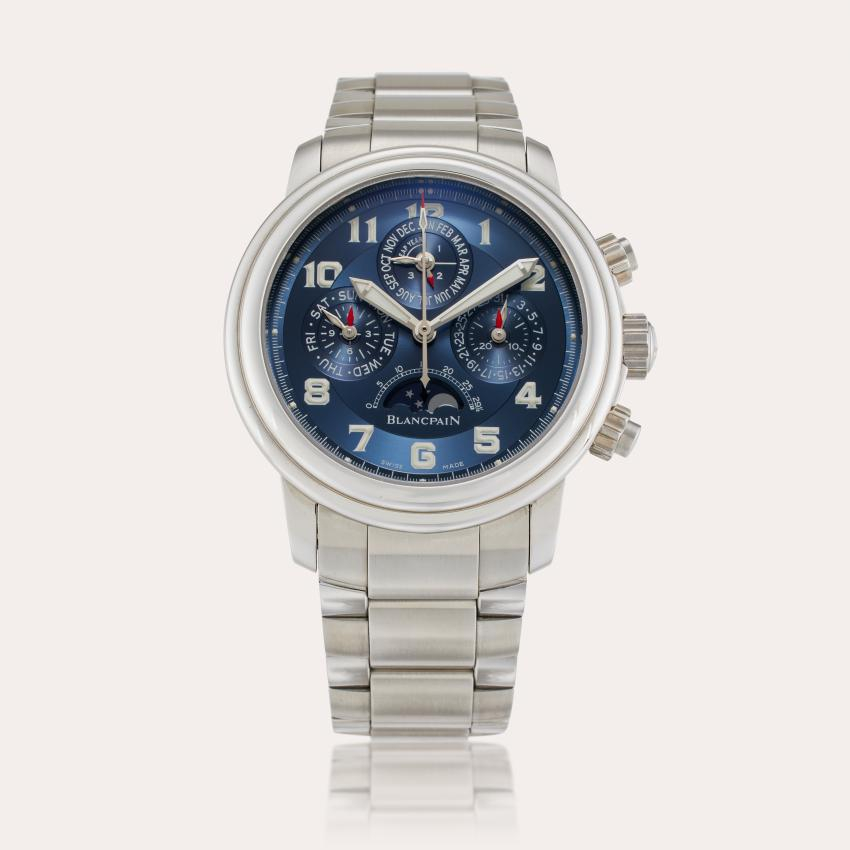 Blancpain Reference 2585F-1130-71 Léman Perpetual Calendar | A stainless steel chronograph automatic wristwatch perpetual calendar, moon phases, and bracelet, Circa 2000